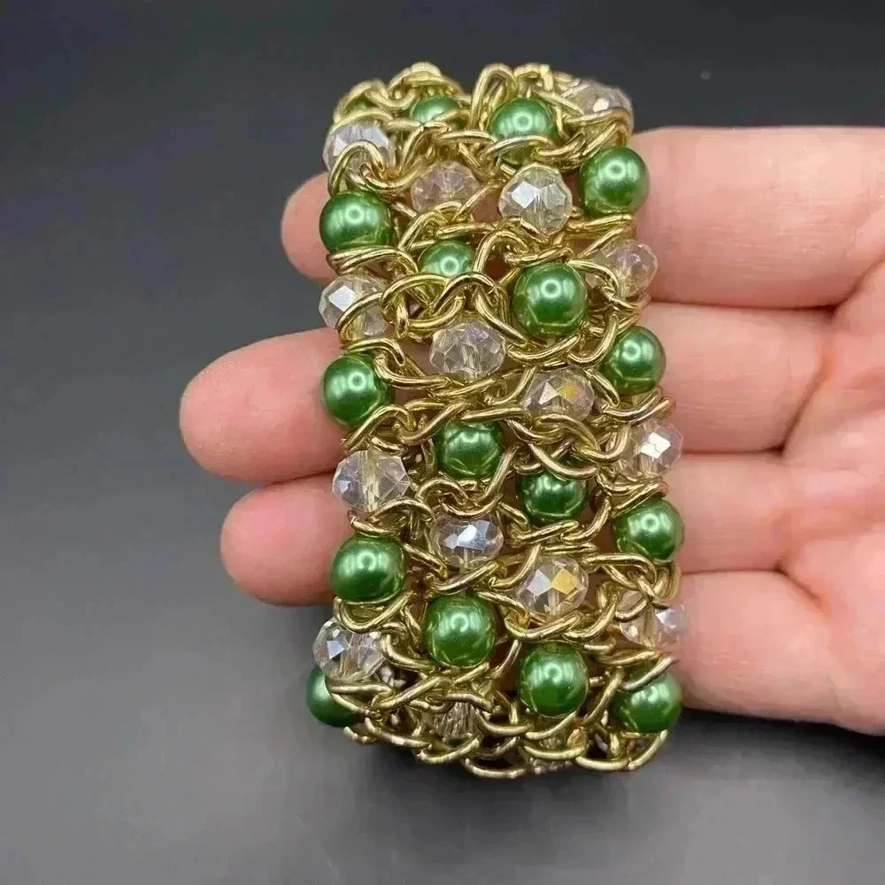 VGT Skyline Collection Gold-tone Emerald Green Crystal Beaded Necklace Bracelet